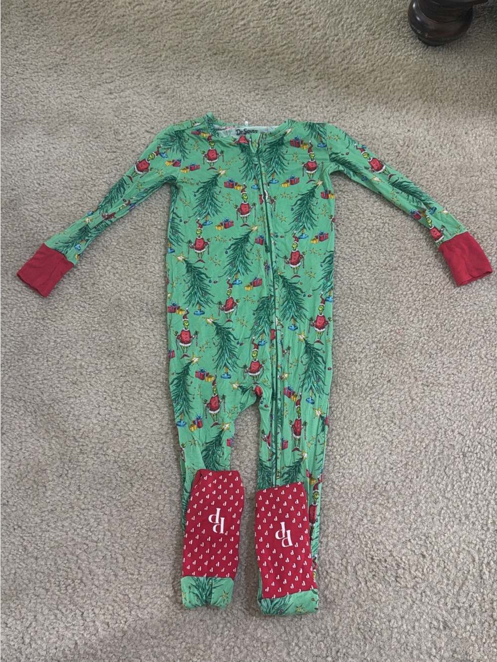 Posh Peanut Dr. Seuss Green One-Piece Footed Pajamas with Red Accents